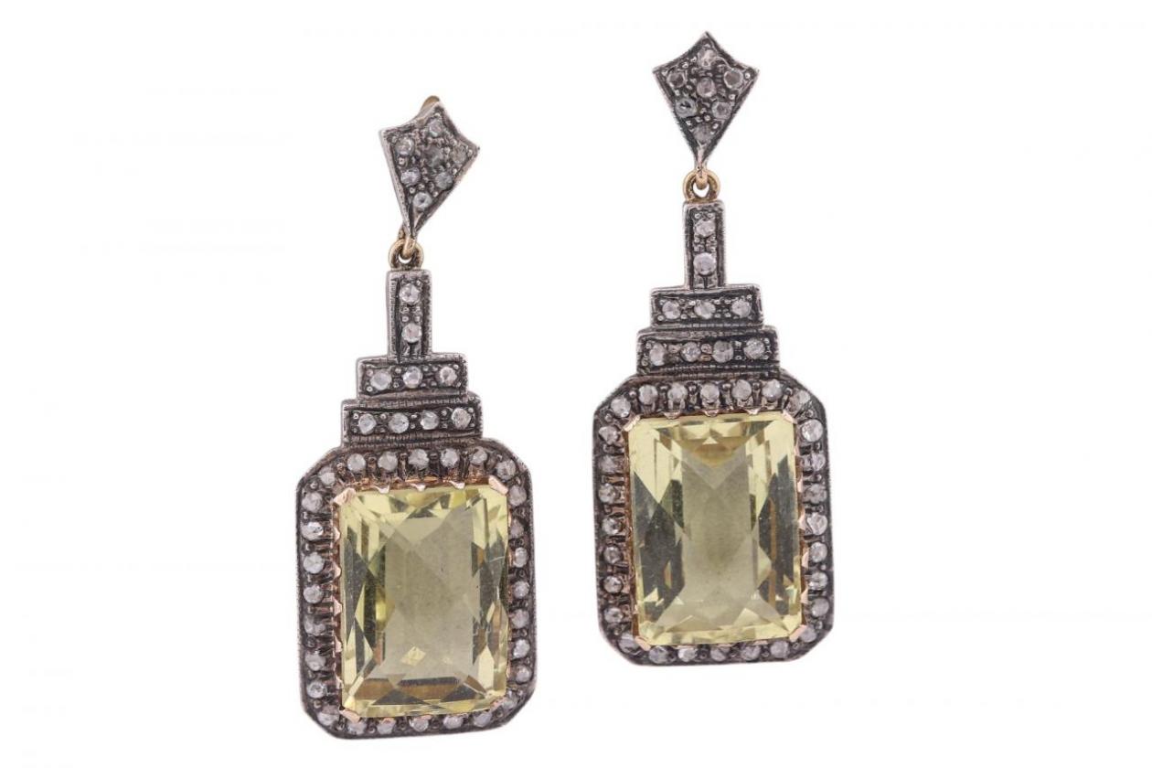 ART DECO STYLE CITRINE AND ROSE CUT DIAMOMD EARRINGS, CIRCA 1960