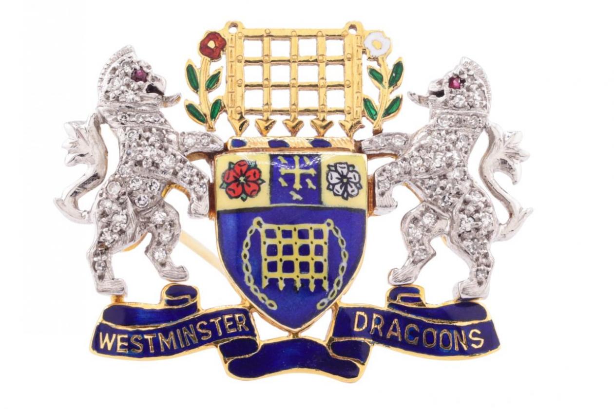 VINTAGE 'WESTMINSTER DRAGOONS' 18K REGIMENTAL BROOCH, 1978