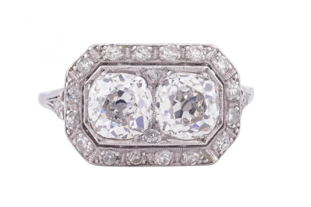 Platinum Art Deco Twin Cushion Cut Diamond Ring