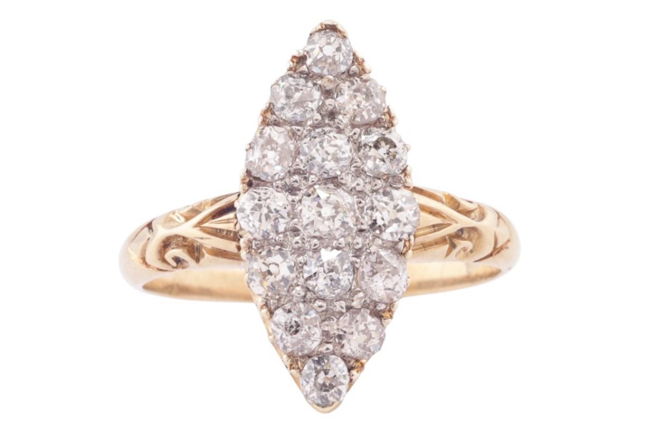 VICTORIAN OLD EUROPEAN-CUT DIAMOND NAVETTE CLUSTER RING, CIRCA 1890