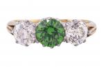 DEMANTOID GARNET AND DIAMOND THREE STONE RING