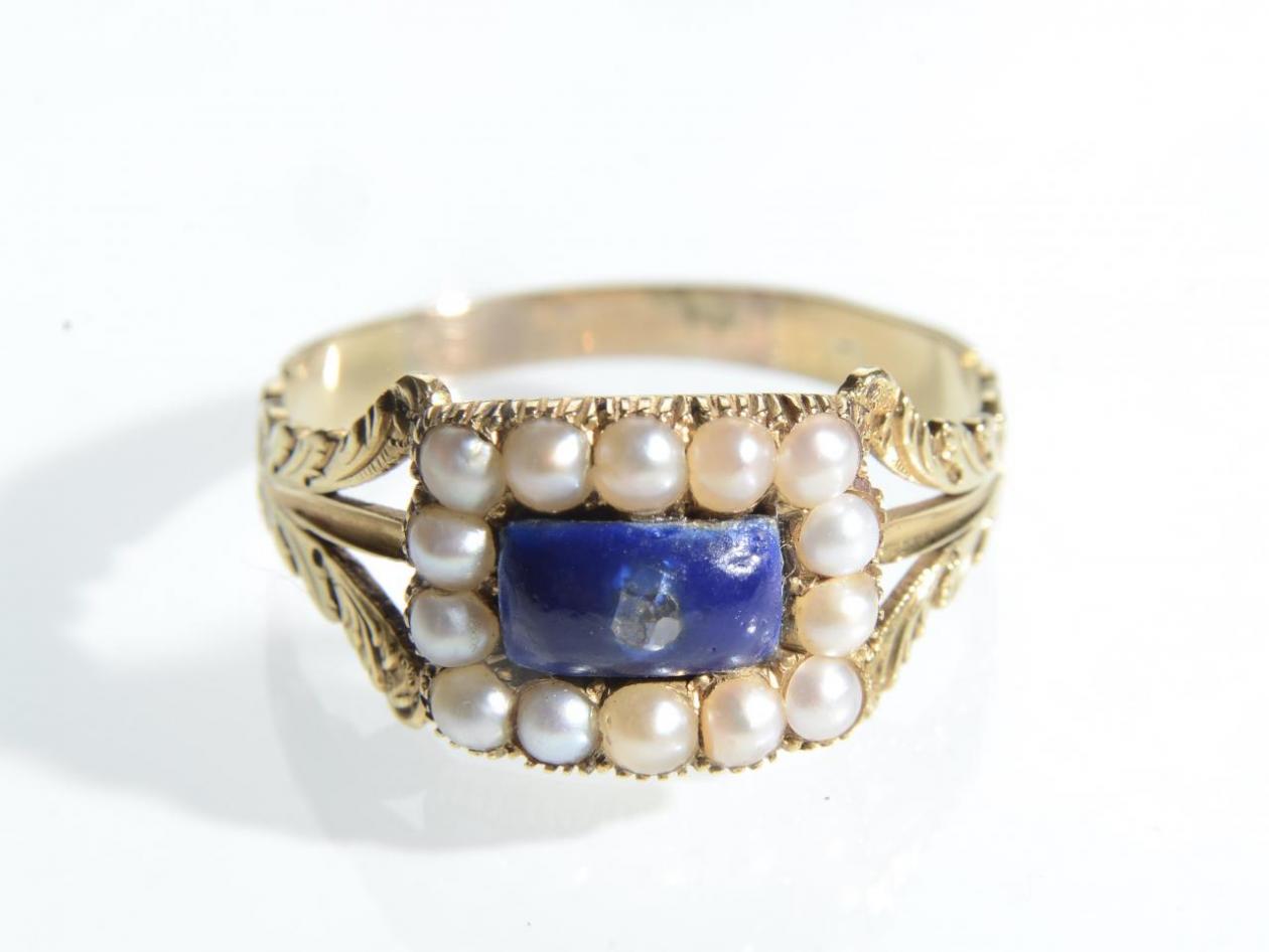 Georgian diamond, blue enamel and pearl memorial ring