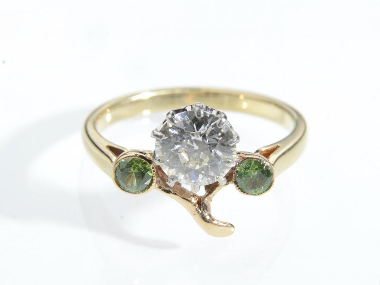 Edwardian diamond and demantoid garnet bloom ring
