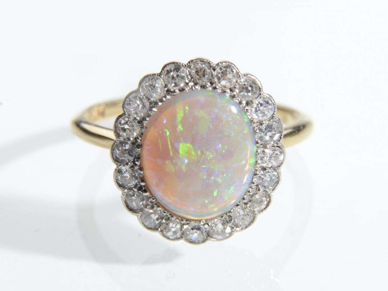 Edwardian Oval Opal & Diamond Floral Cluster Ring