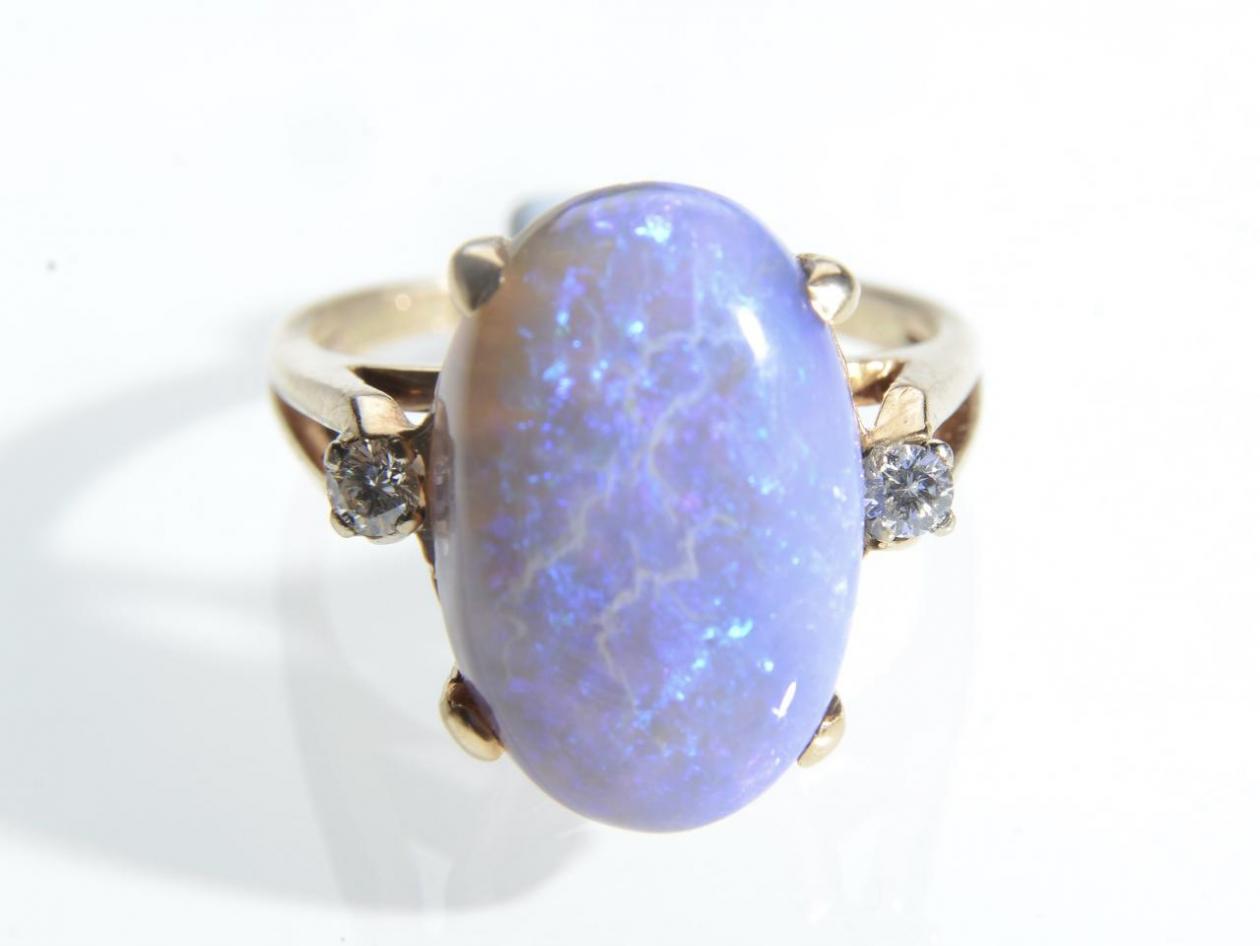 Retro purple opal and diamond three stone ring in gold