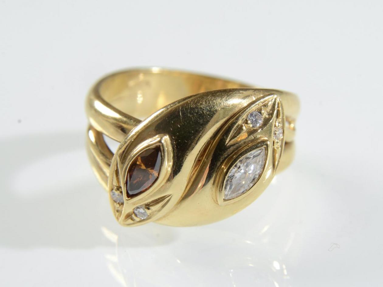 Contemporary cognac diamond double snake ring in yellow gold