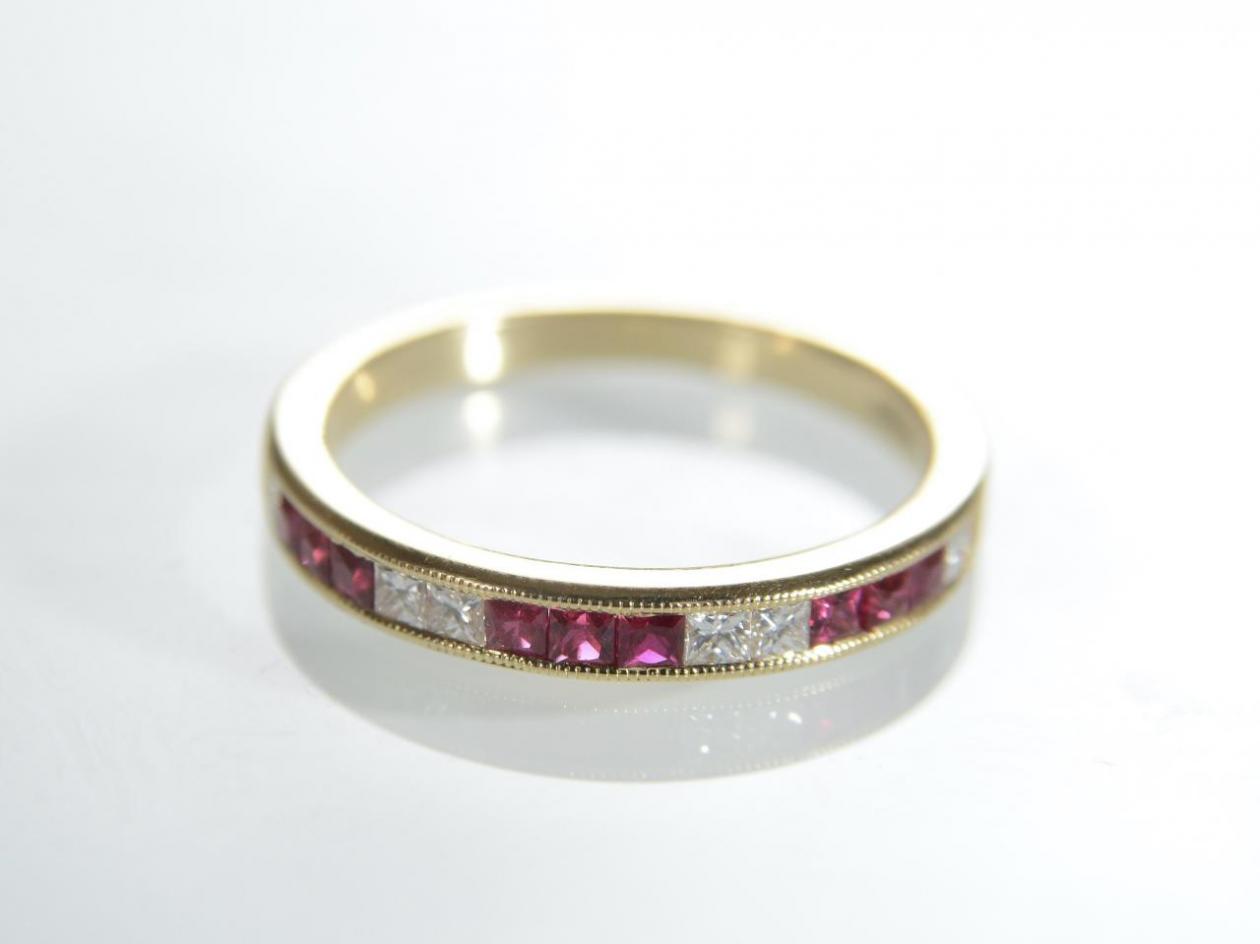 18kt yellow gold square cut ruby and diamond half eternity ring