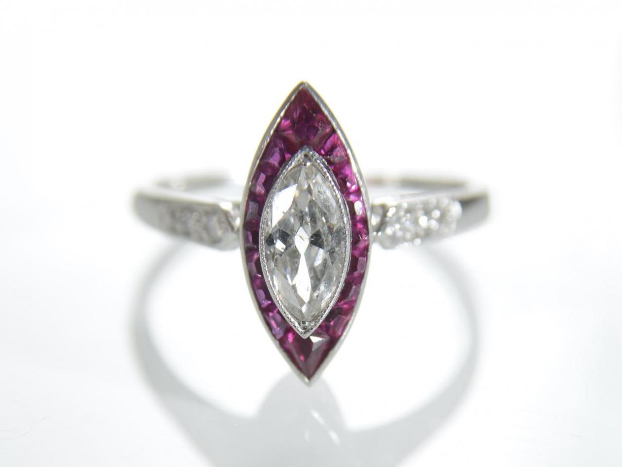 1920s marquise diamond and ruby target ring in platinum