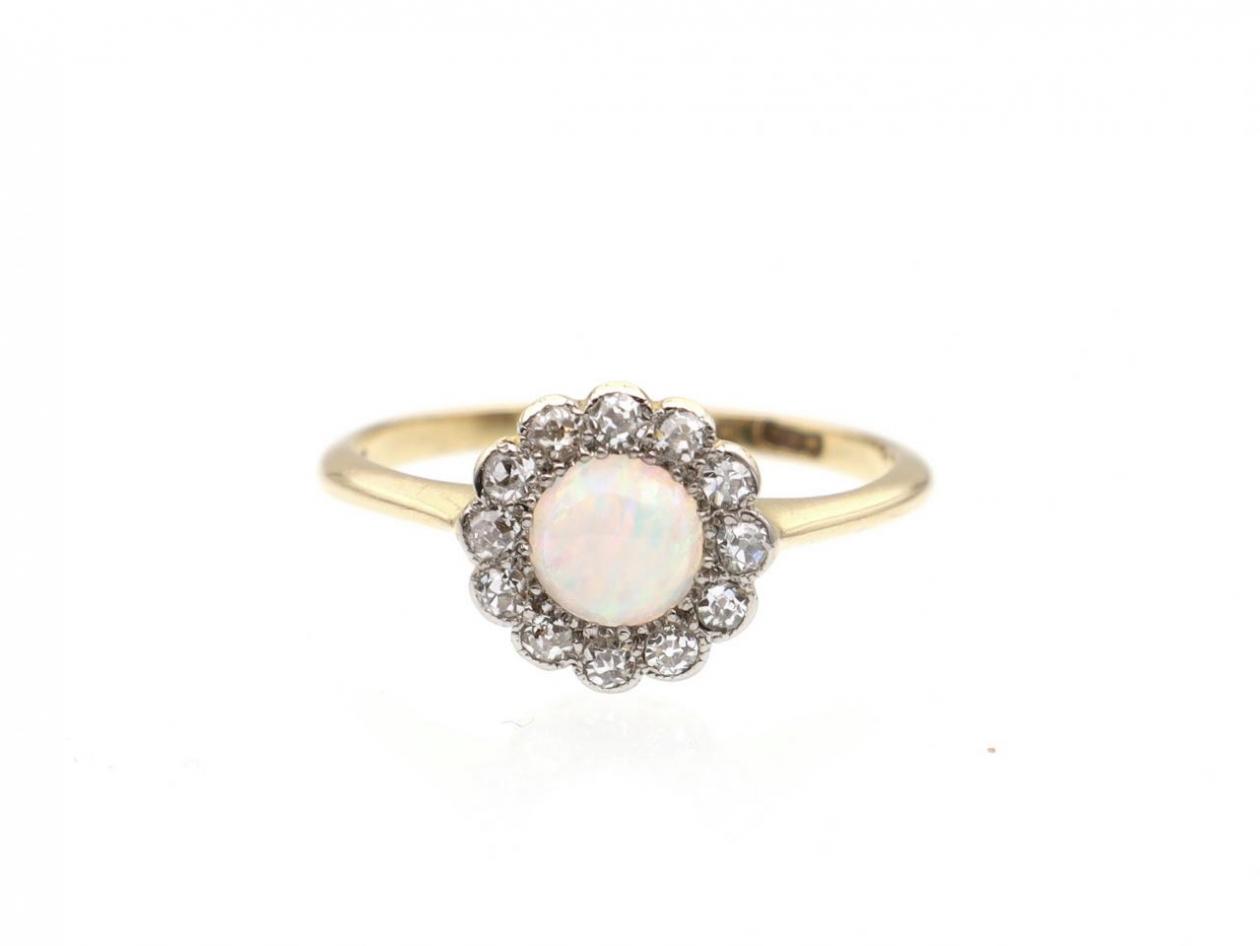 Antique opal and diamond flower cluster in 18kt yellow gold