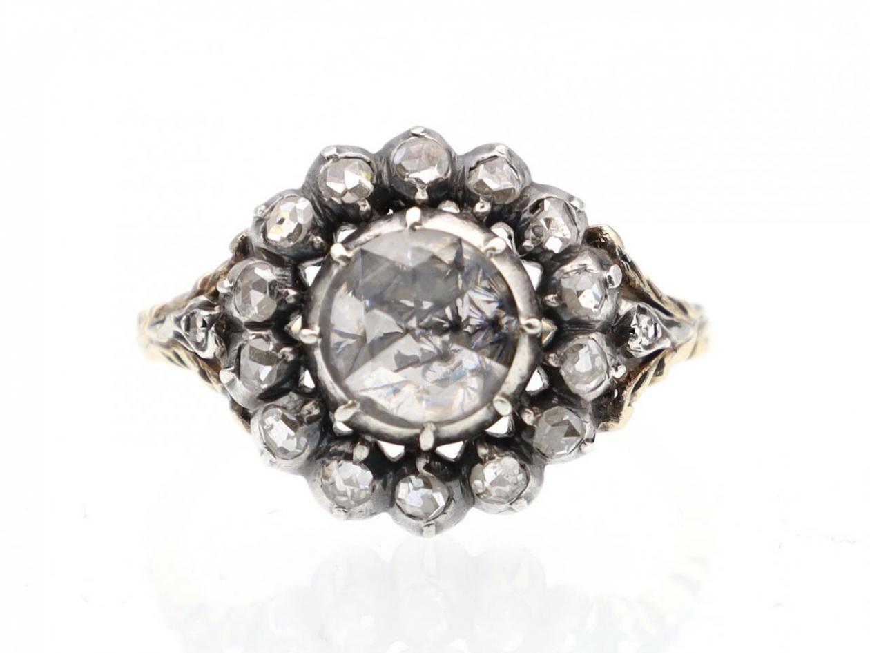 Georgian style rose cut diamond cluster ring in silver and gold
