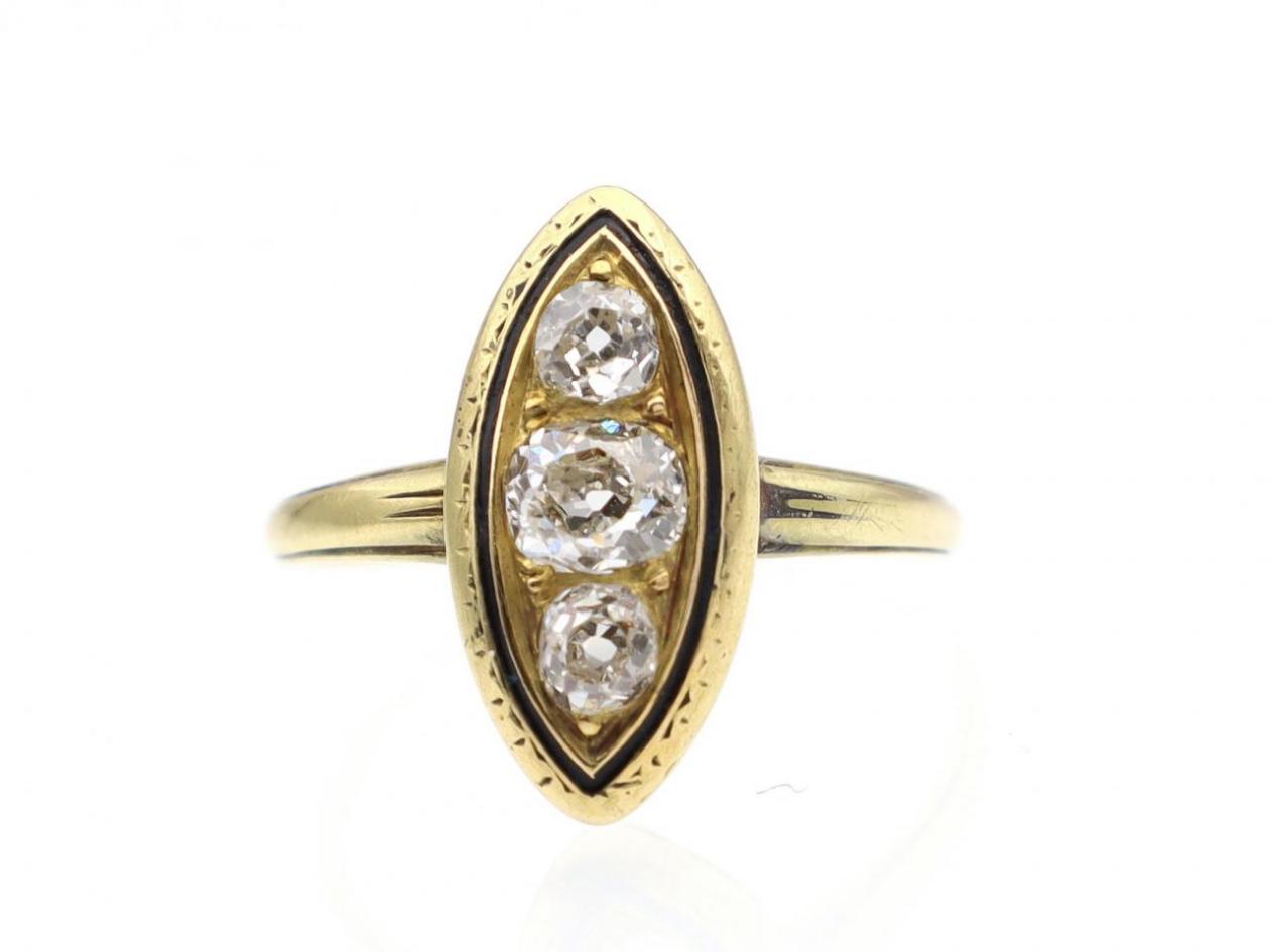 Antique black enamel and Old Mine cut diamond three stone navette ring