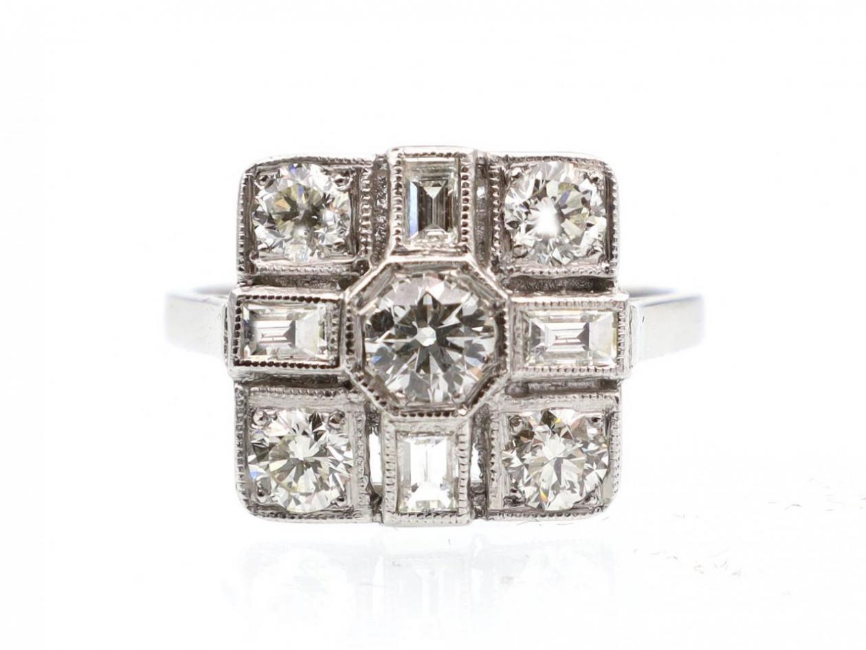 Art Deco style diamond square cluster ring in platinum