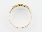 Ruby and diamond three stone plaque ring in 18kt yellow gold