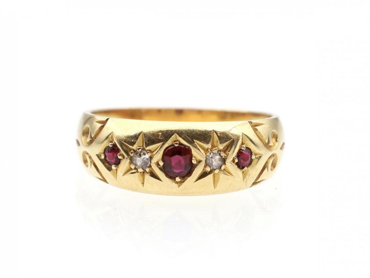 1918 ruby and diamond five stone gypsy ring in 18kt gold