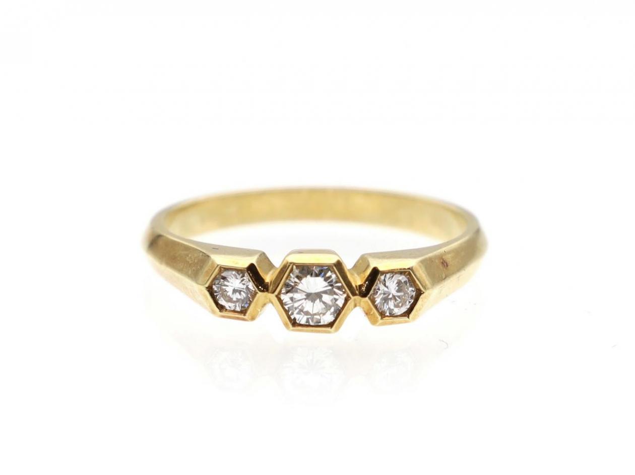 Art Deco three stone hexagonal ring in 18kt yellow gold