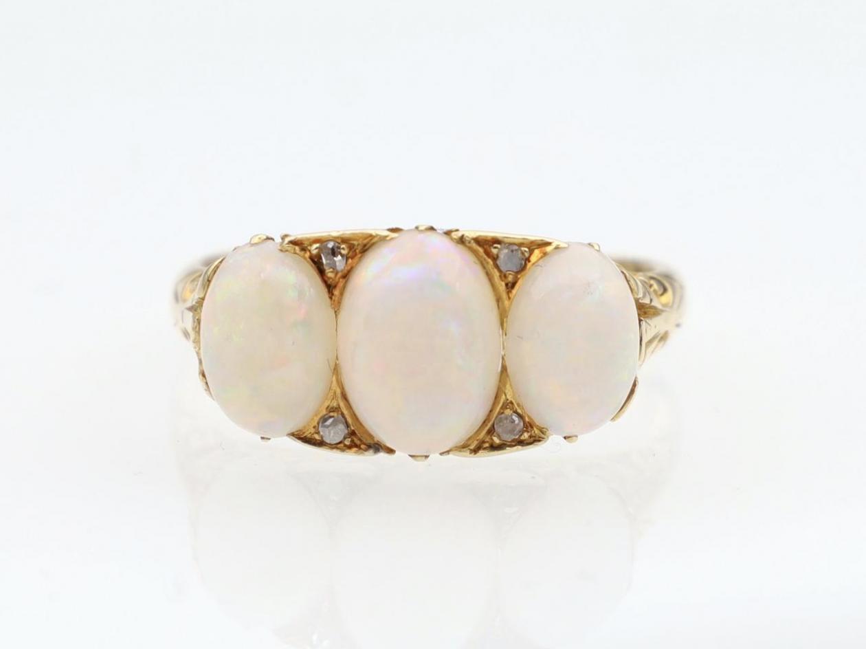 Antique White Precious Opal Three Stone Carved Ring in Gold