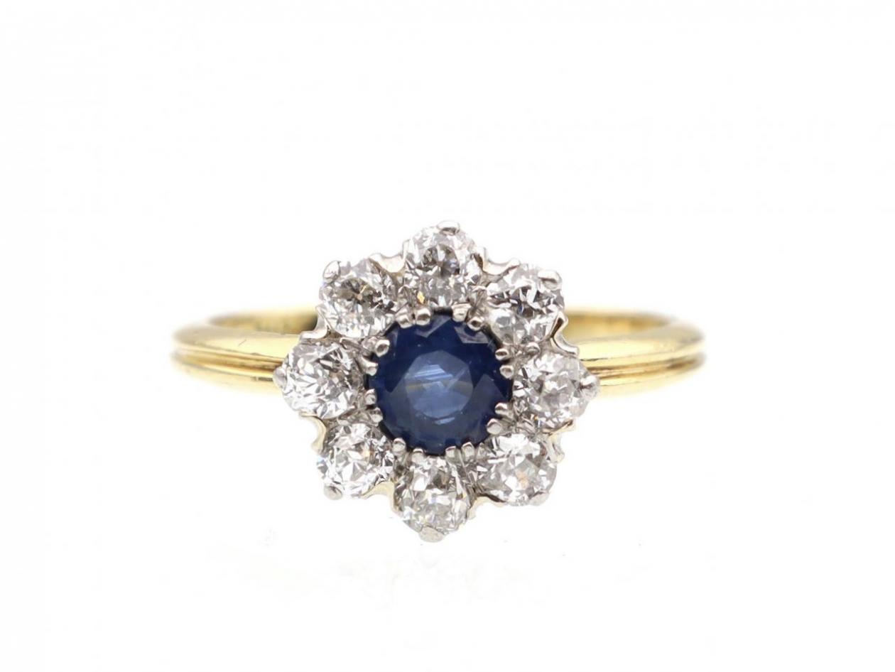 Antique sapphire and diamond cluster ring in platinum and gold