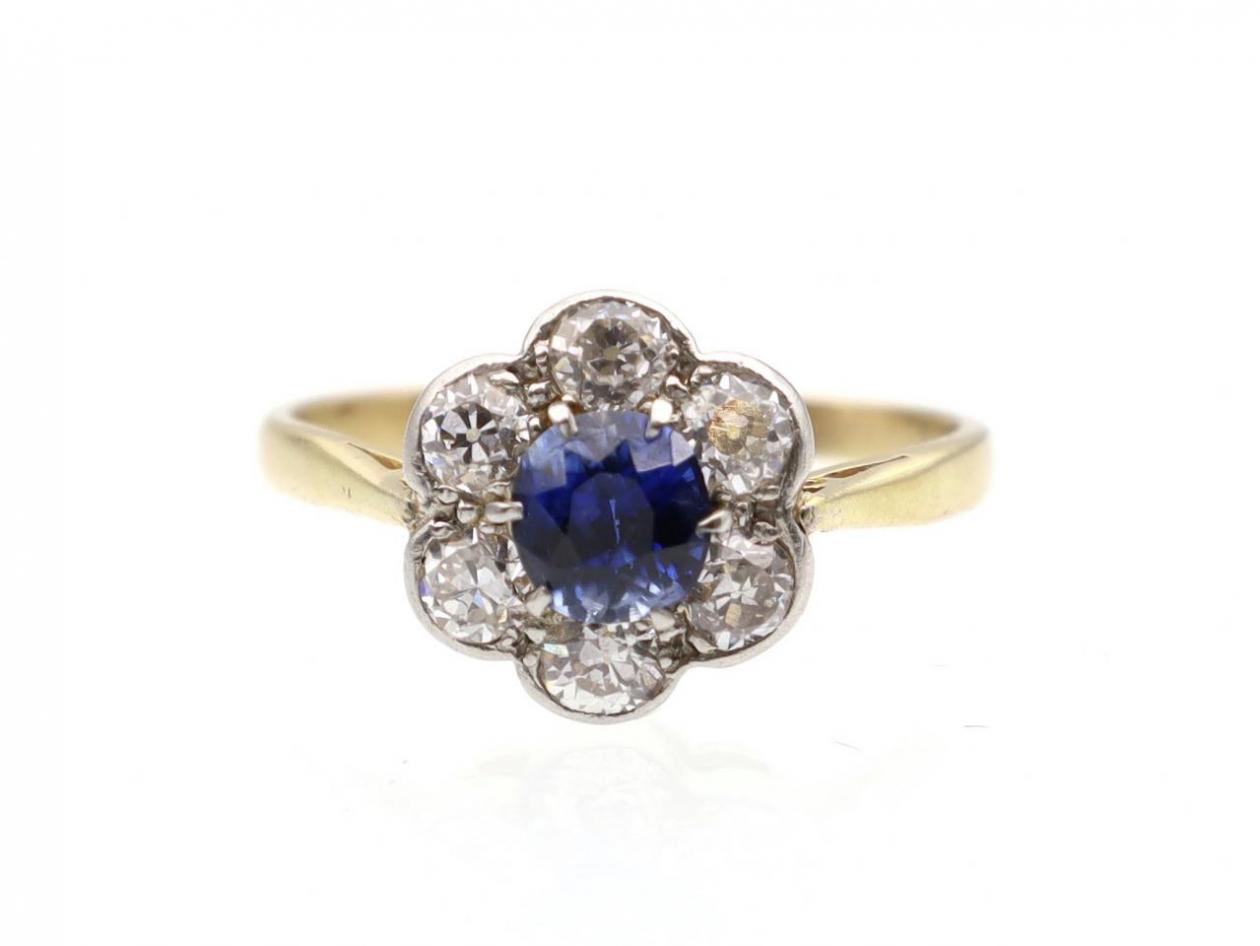 Antique yellow gold sapphire and diamond cluster ring