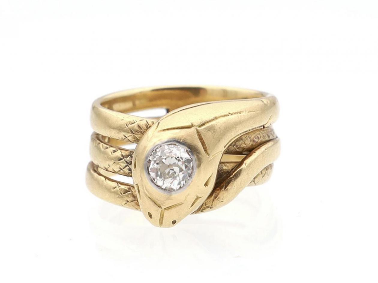 Victorian 18kt yellow gold and diamond serpent ring