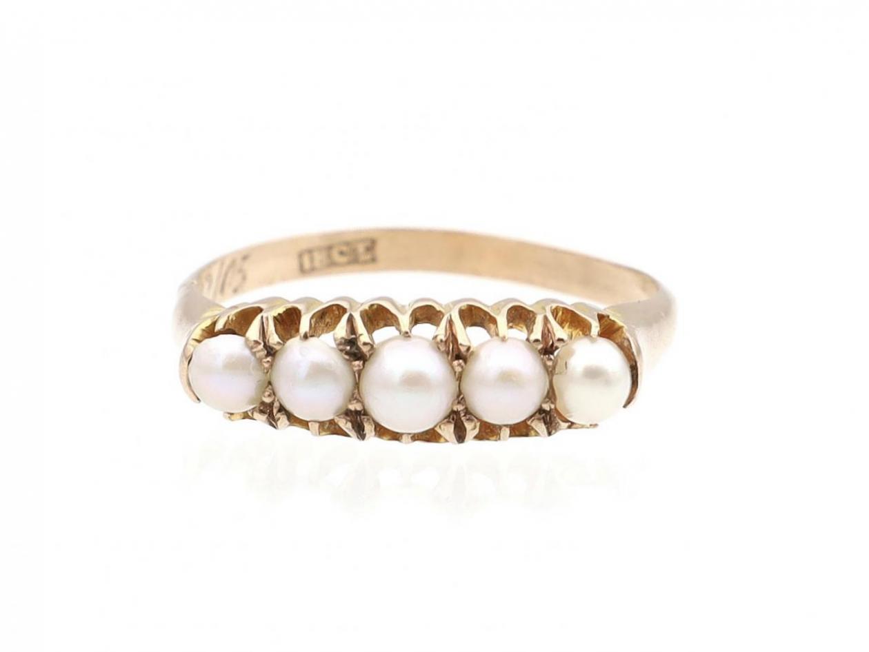 Edwardian five stone natural pearl ring in 18kt yellow gold