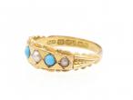 Antique natural pearl and turquoise five stone ring in 15kt gold
