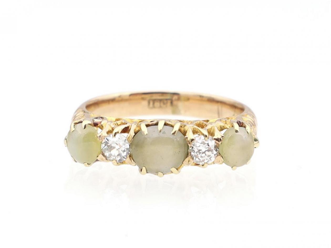Victorian cat's eye chrysoberyl and diamond five stone ring in gold
