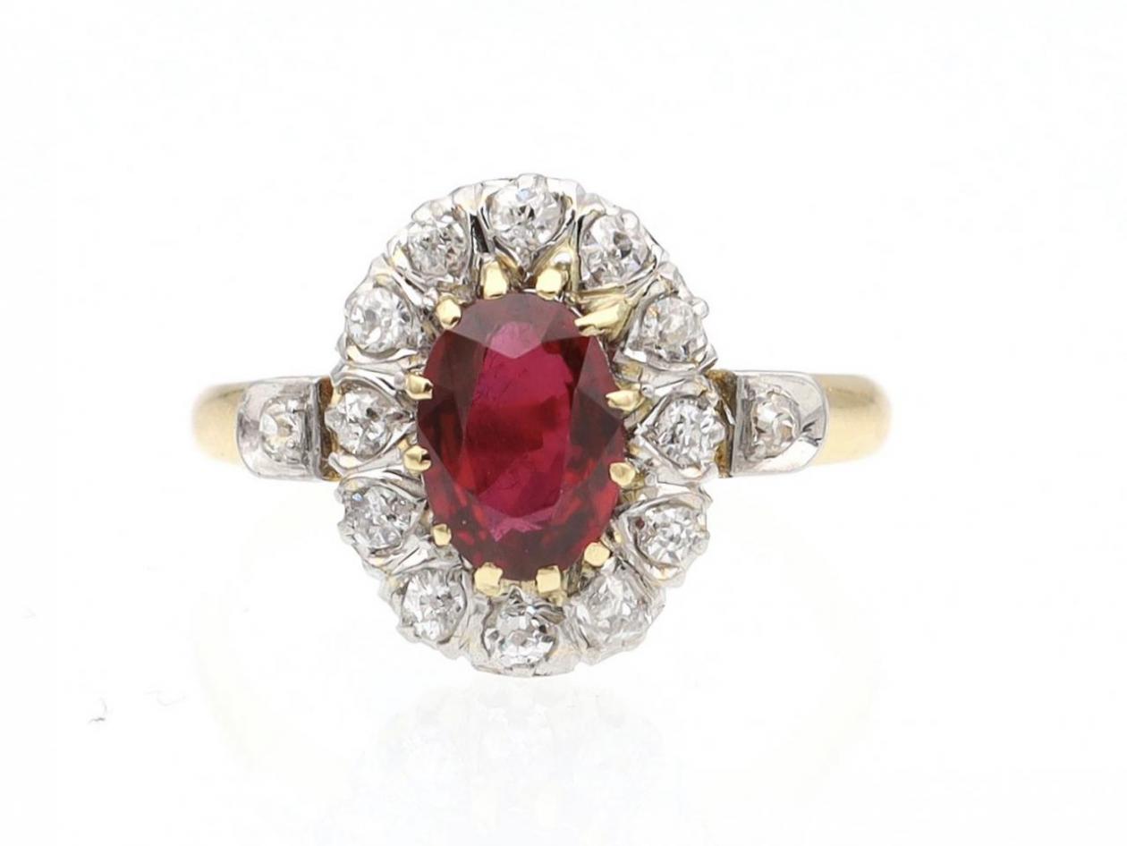 Edwardian ruby and diamond oval coronet cluster ring in gold