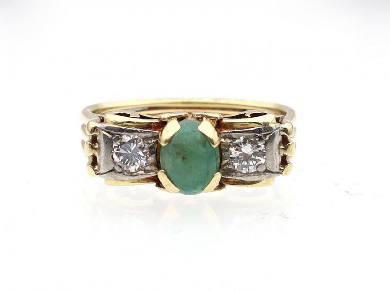 Retro 18kt yellow gold emerald and diamond three stone ring