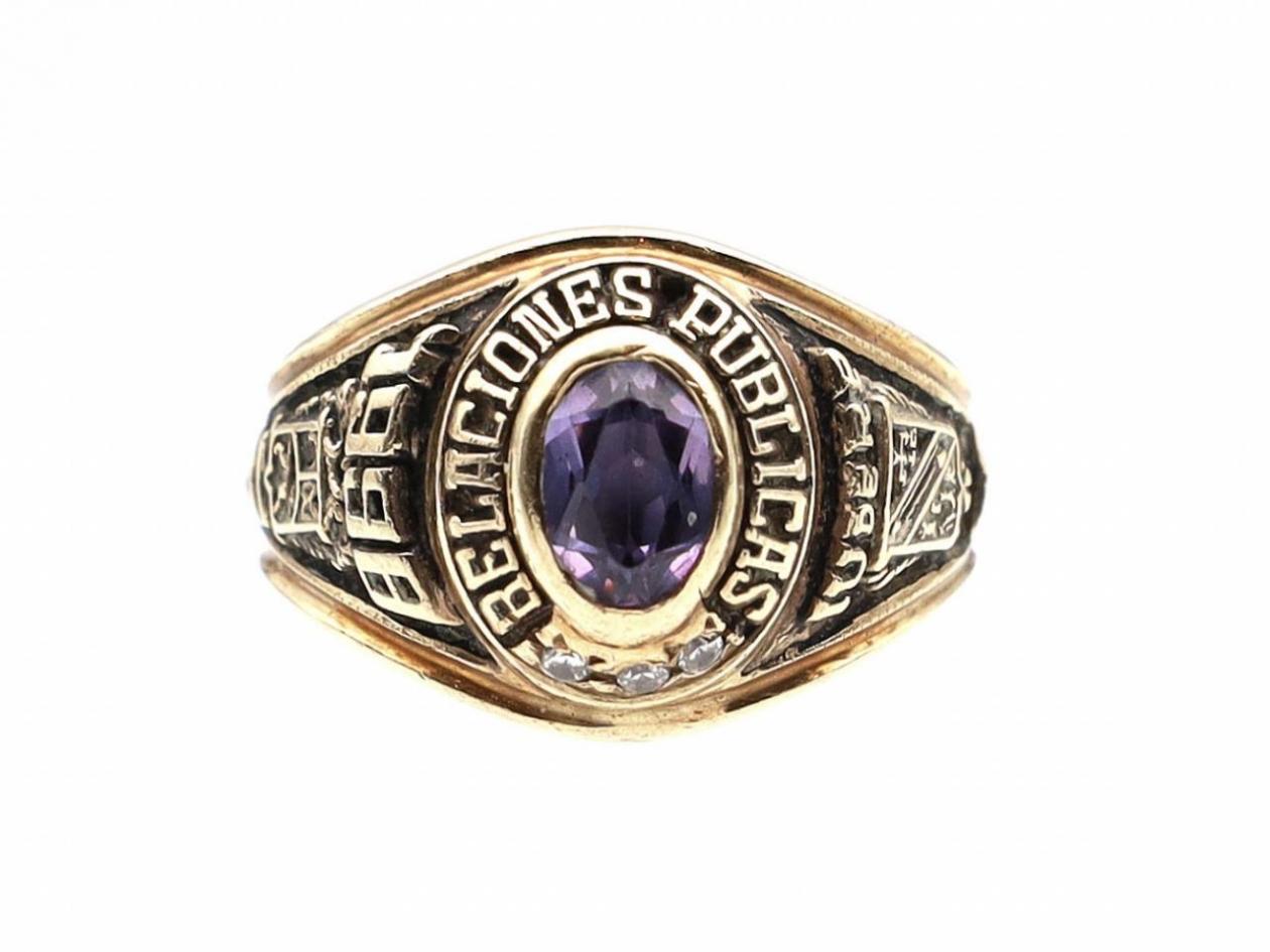 Vintage amethyst and black enamel college ring in yellow gold