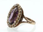 Antique amethyst and seed pearl oval cluster ring in yellow gold