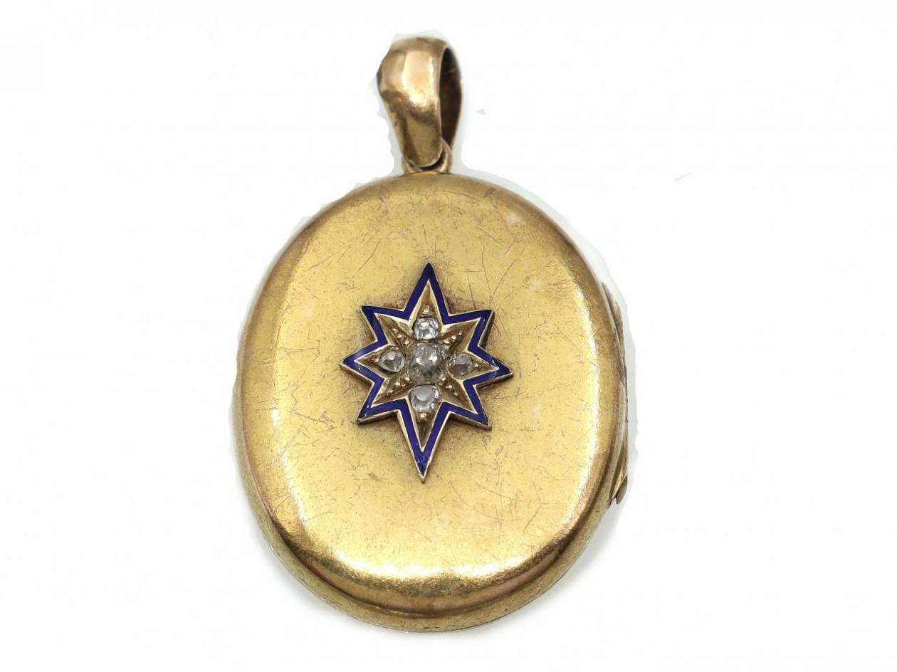 Victorian oval yellow gold locket with star motif, diamonds and blue enamel