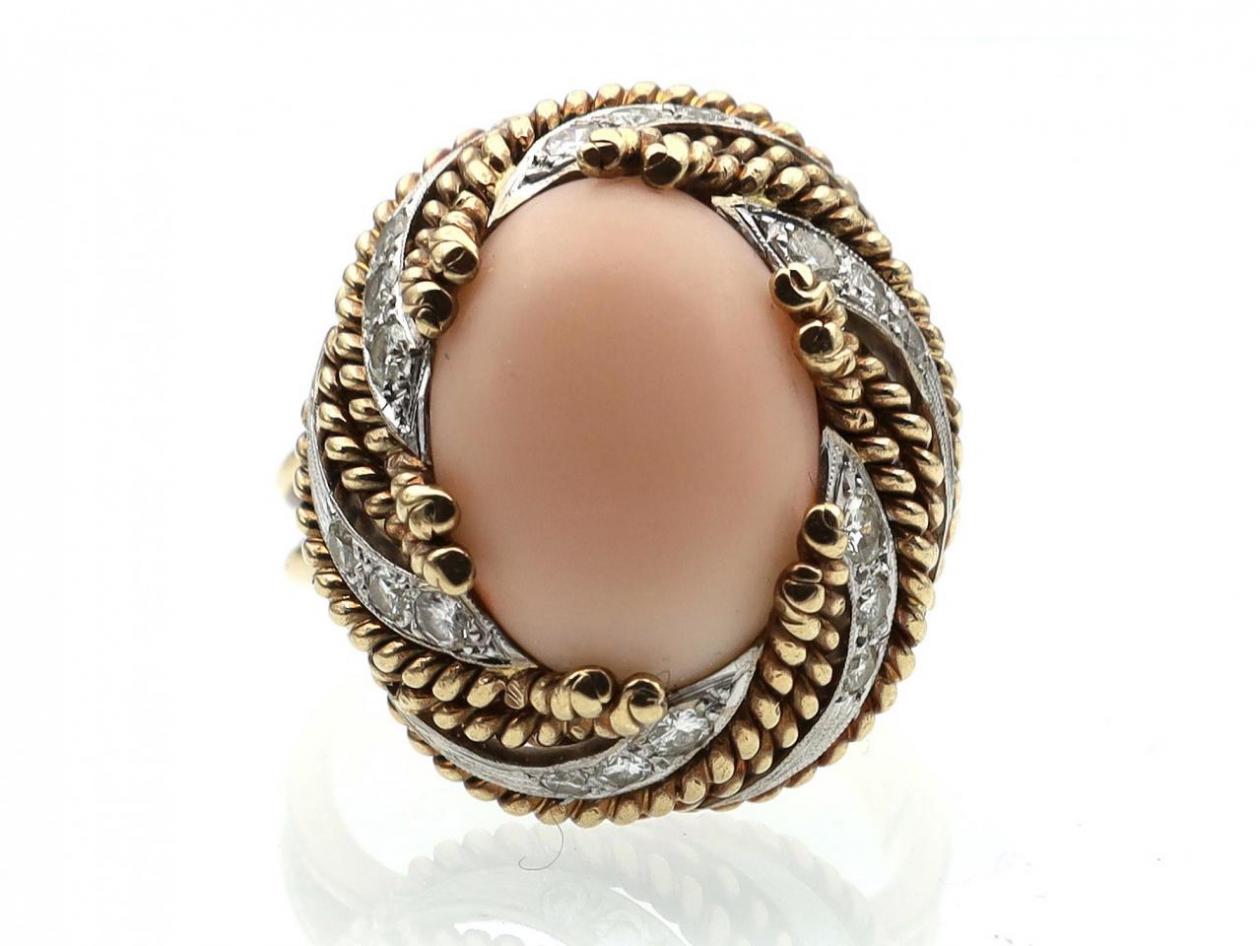 1960s angel skin coral and diamond swirl cocktail ring in yellow gold