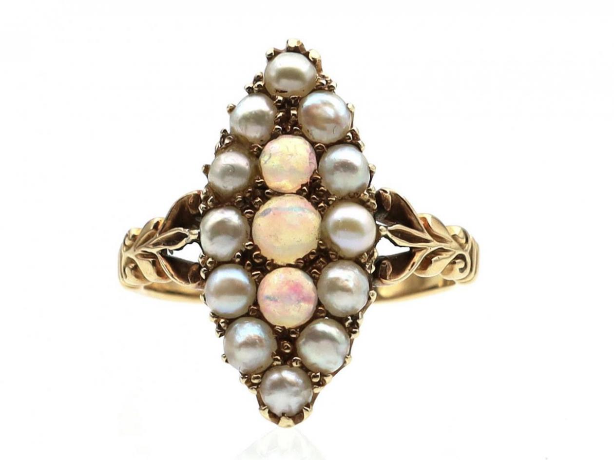 Edwardian Opal & Seed Pearl Marquise Cluster Ring in Gold