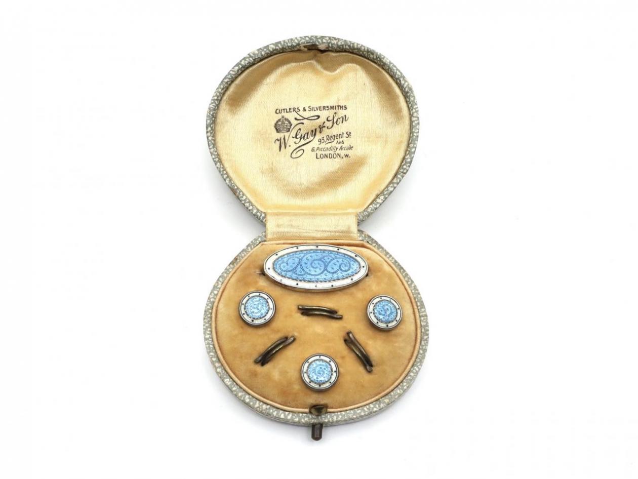 Antique sterling silver enamel brooch and button set
