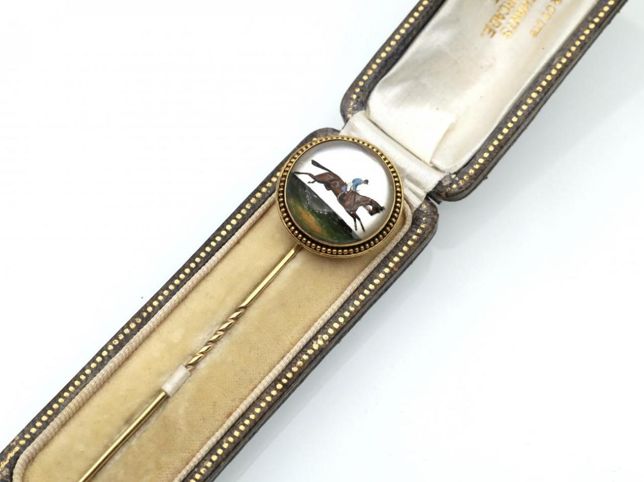 Antique Essex crystal horse and jockey stick pin in gold