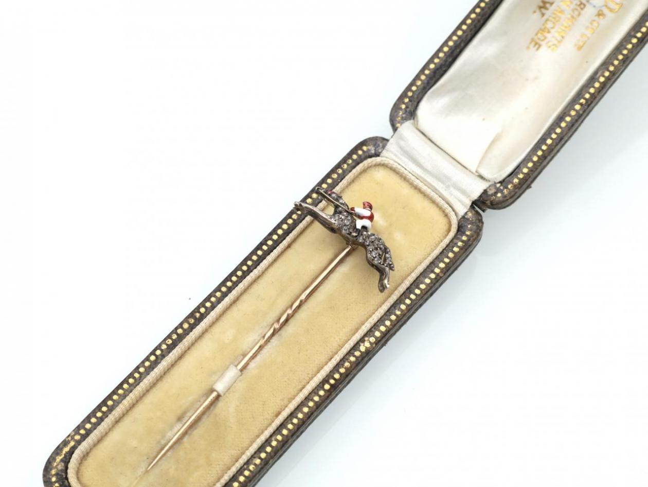 Antique diamond and enamel, horse and jockey stick pin