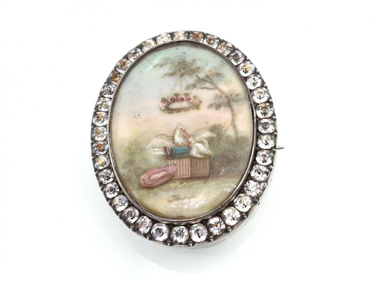 French Georgian love birds brooch in silver