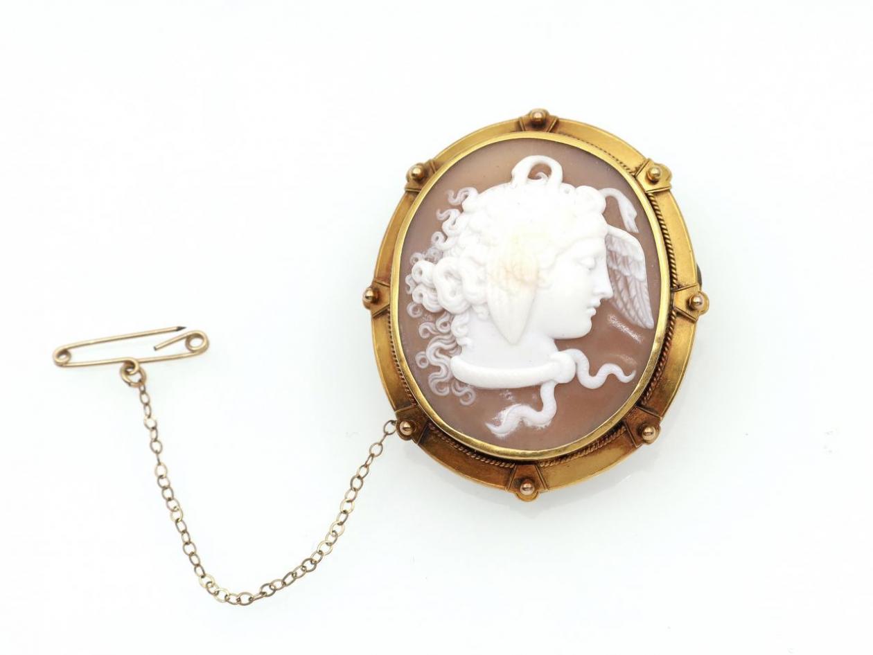 Victorian shell cameo of medusa in yellow gold