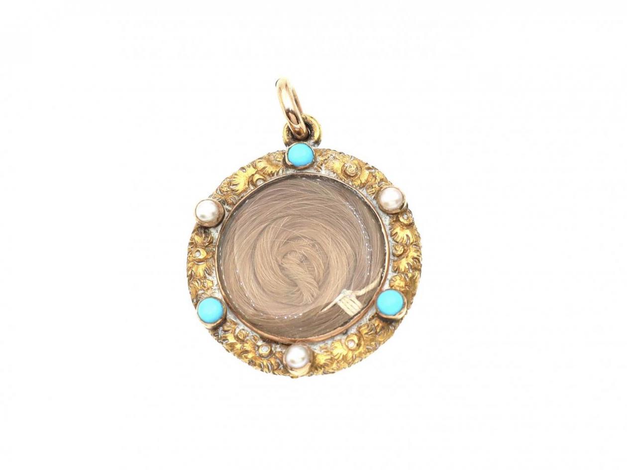 Georgian pearl and turquoise and hair locket in gold