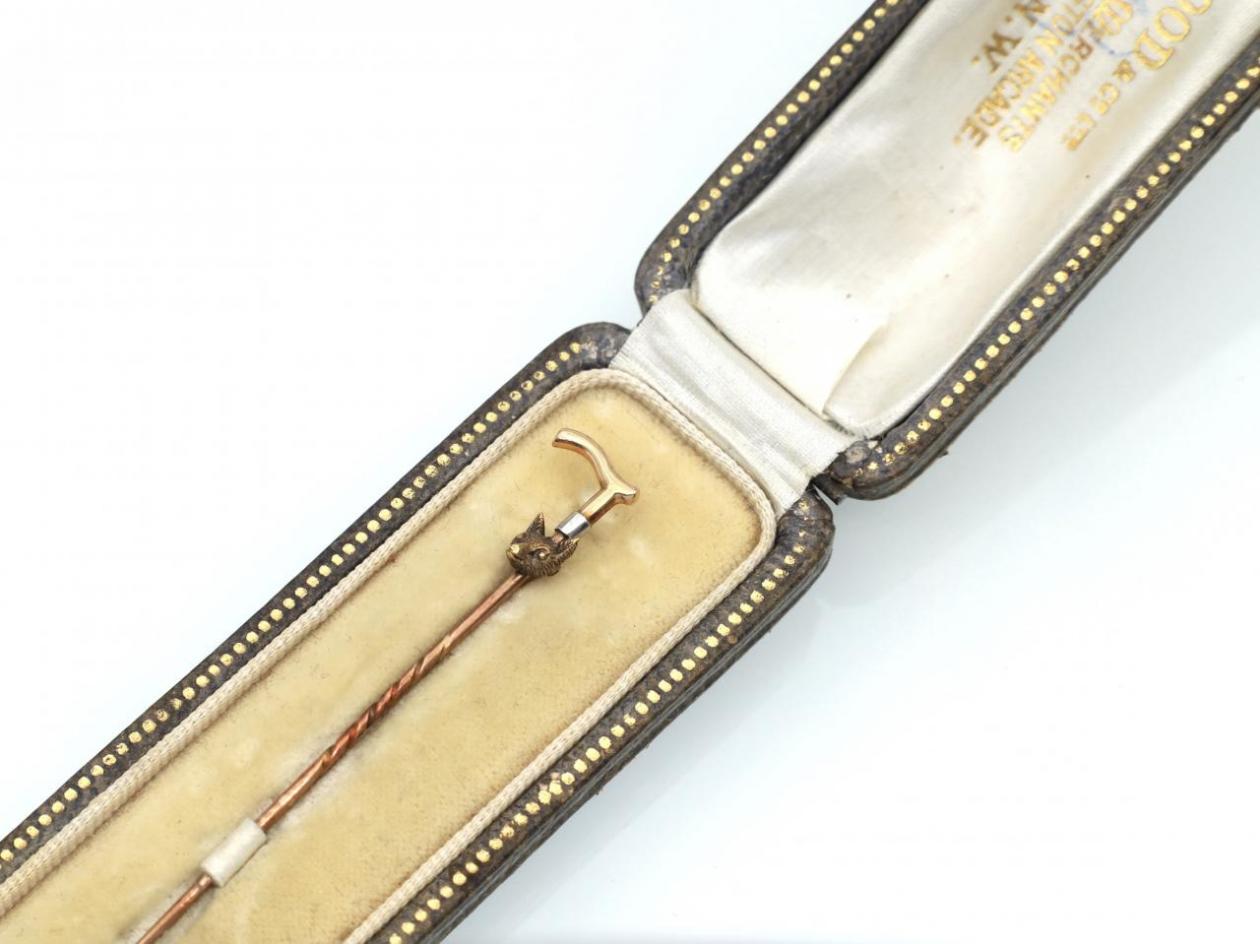 Fox and walking stick stick pin in gold