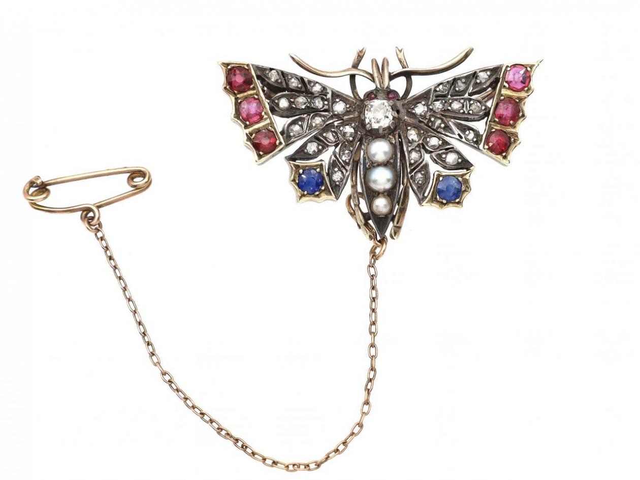 Victorian diamond, natural pearl, ruby and sapphire butterfly brooch