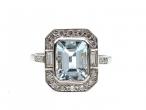 Art Deco style aquamarine and diamond cluster ring in platinum