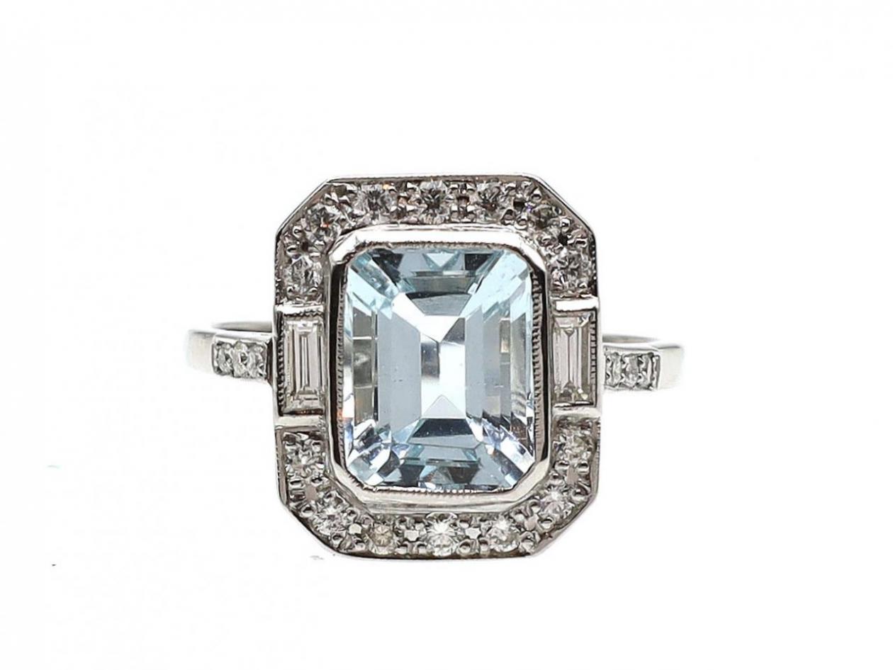 Art Deco style aquamarine and diamond cluster ring in platinum
