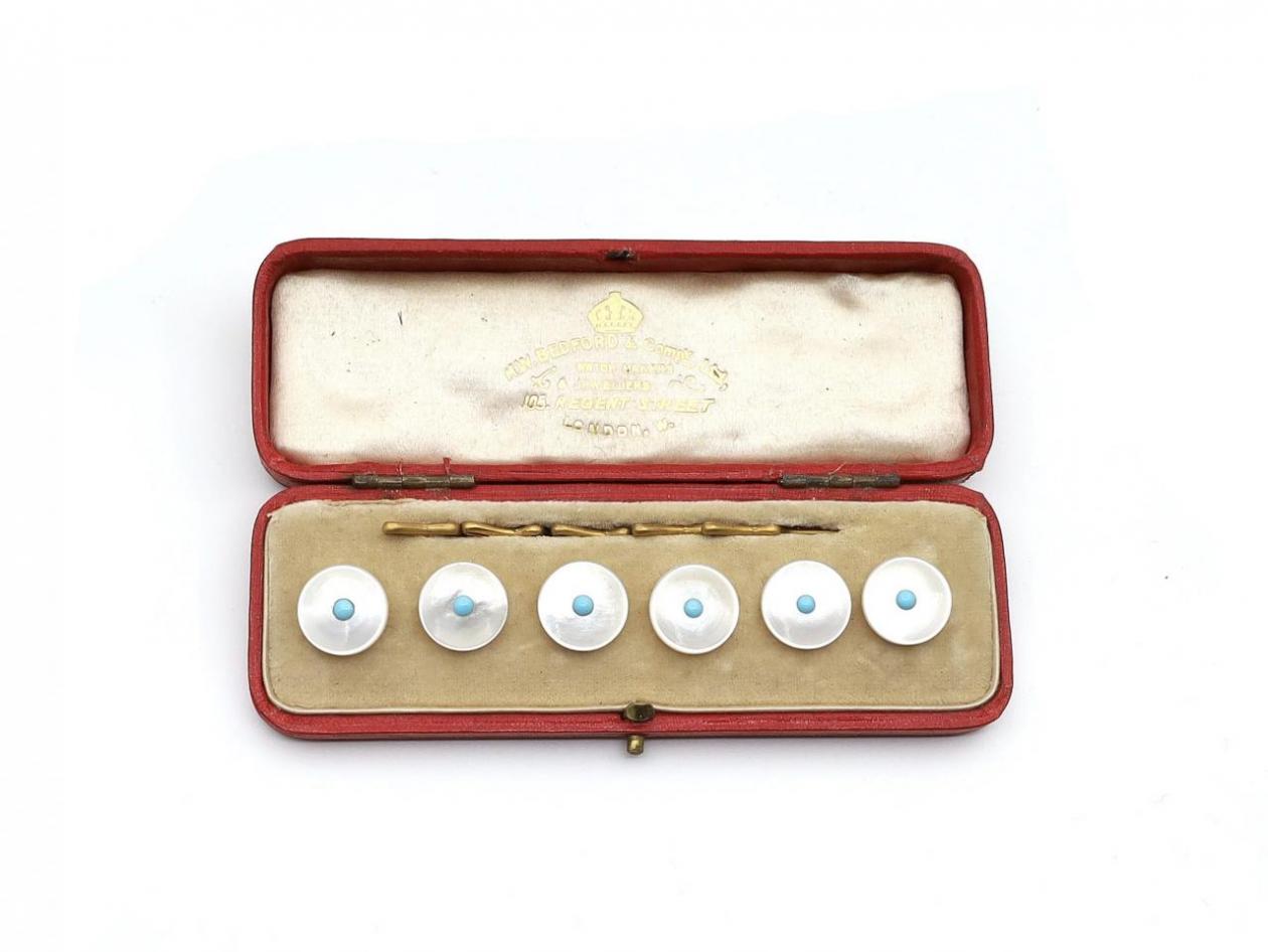 Antique mother of pearl and turquoise button set