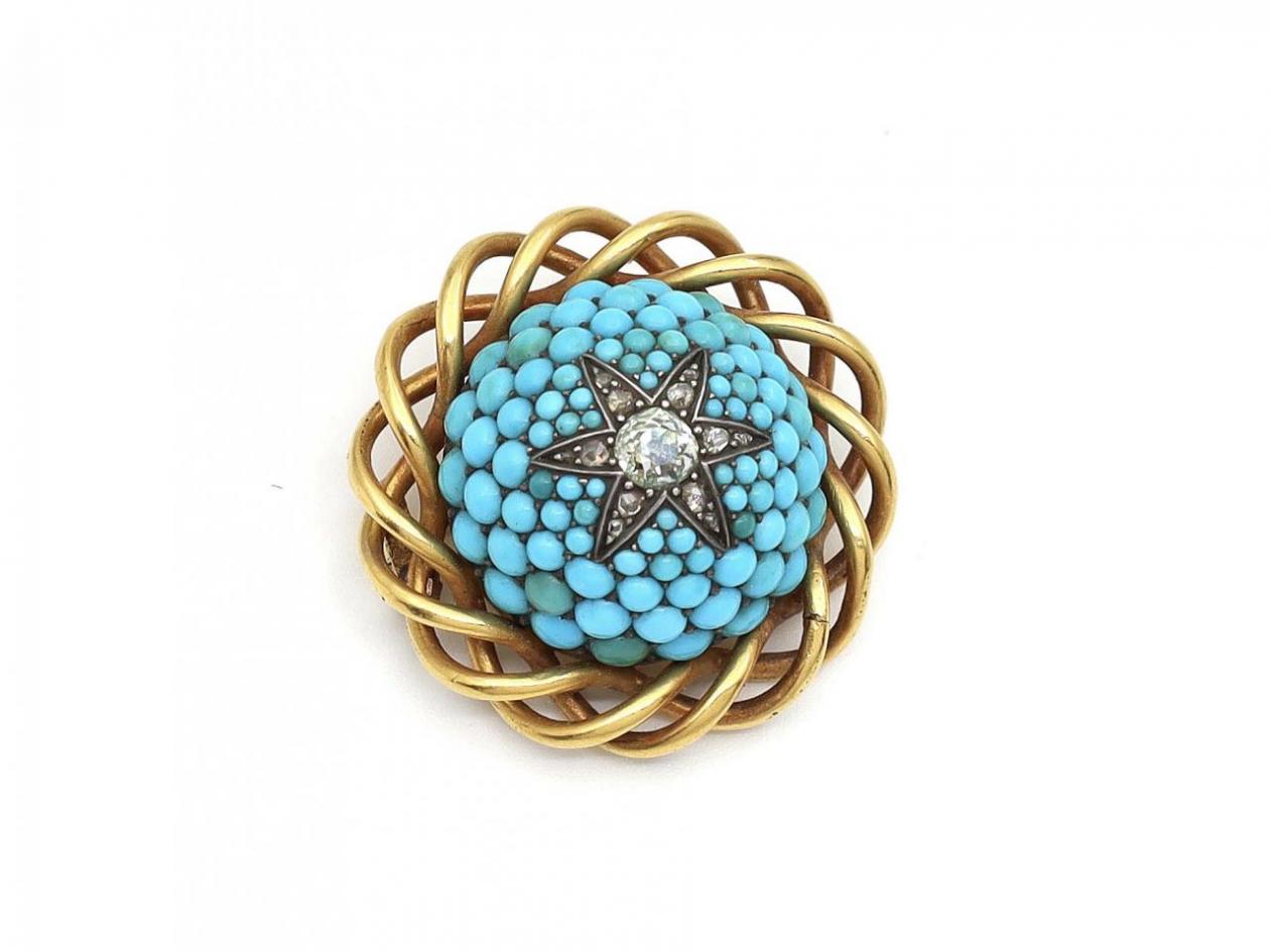 Victorian Diamond & Turquoise Star Brooch in Yellow Gold