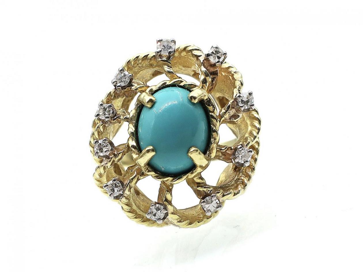 Turquoise & Diamond Fancy Openwork Cluster Ring in Gold