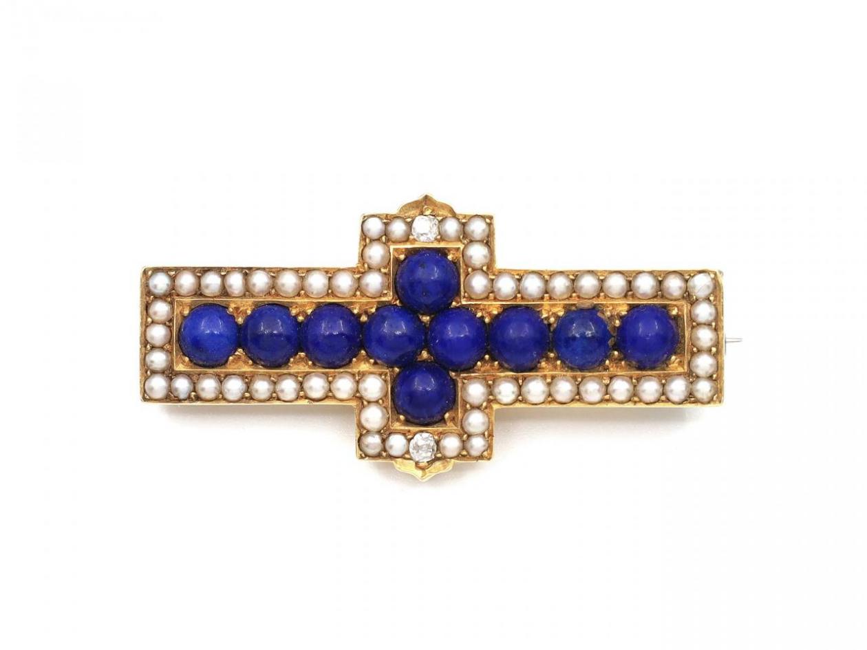 Victorian Lapis Lazuli, Seed Pearl & Diamond Cross Brooch