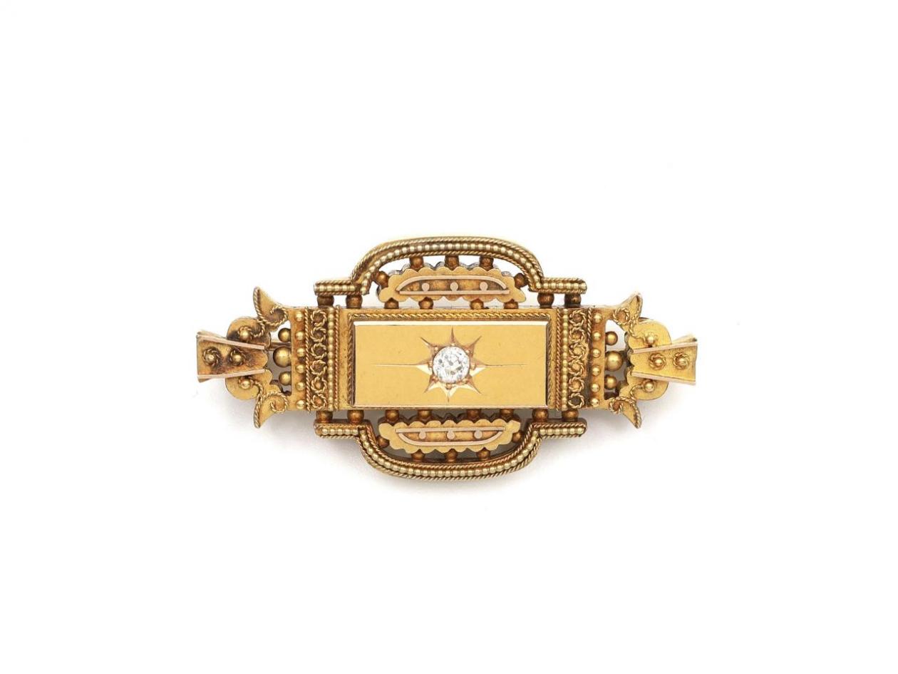 Etruscan revival 15kt yellow gold and diamond brooch