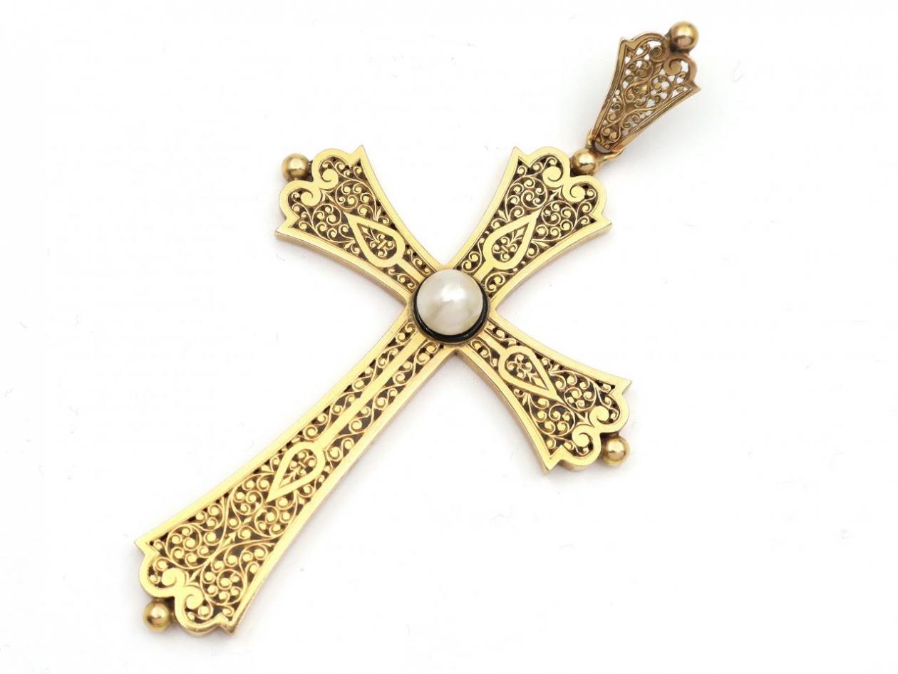 French 18kt yellow gold openwork cross pendant set with a pearl