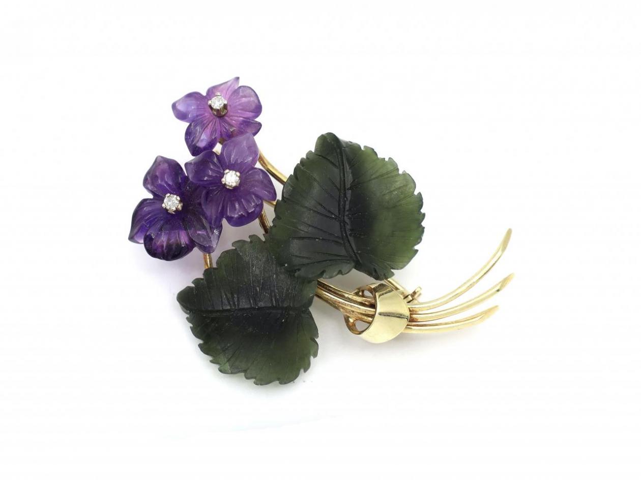 Vintage carved amethyst, nephrite and diamond bouquet brooch